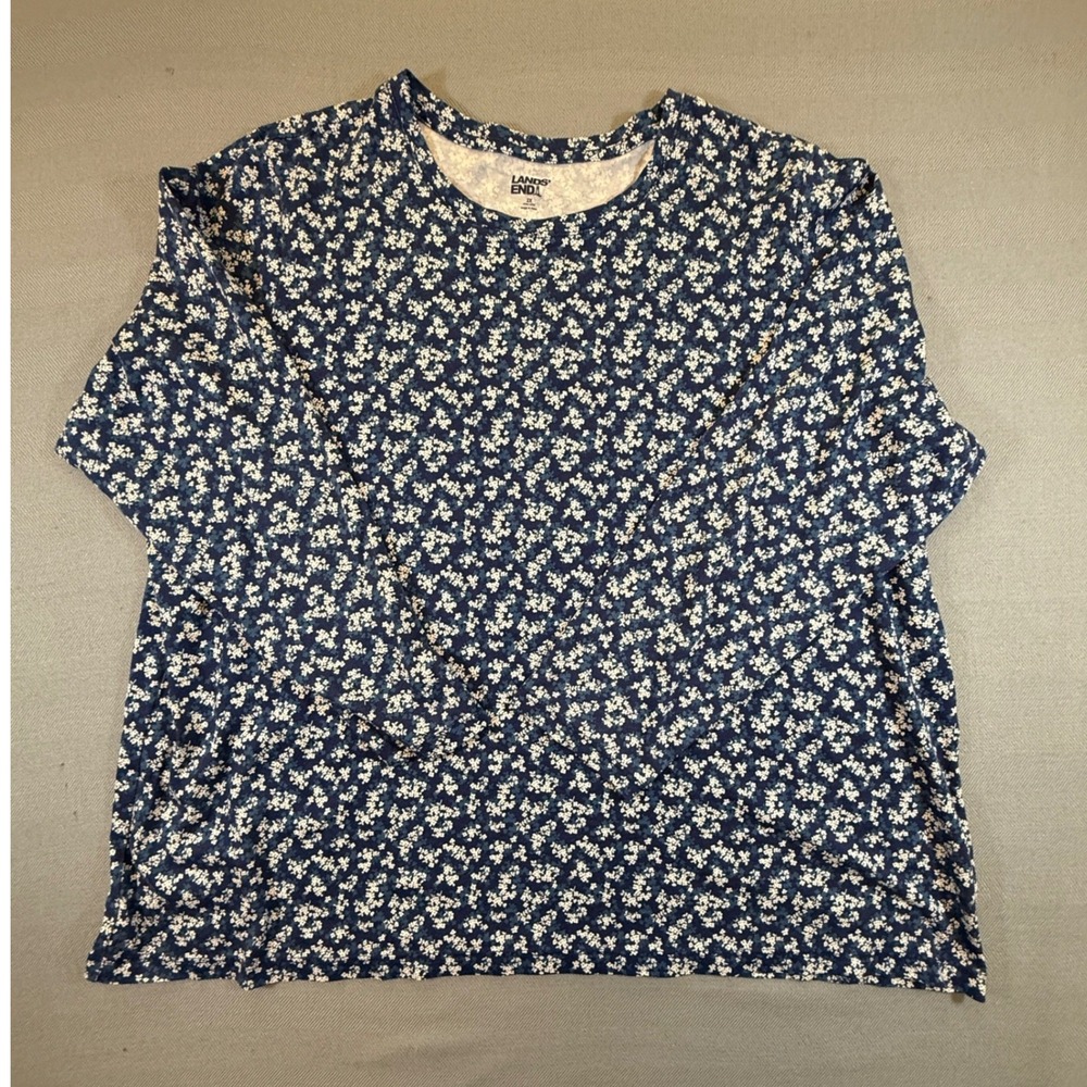 Lands End Womens 2X Navy Blue Floral Long Sleeve Cotton Crewneck Tee 476520 1950